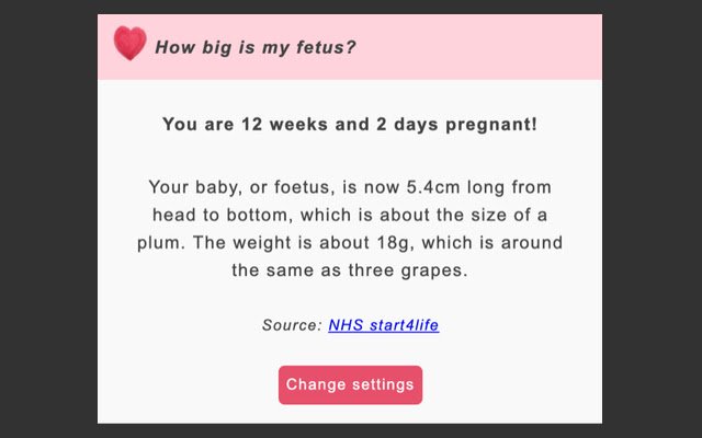 Pregnancy Fetus Size  from Chrome web store to be run with OffiDocs Chromium online