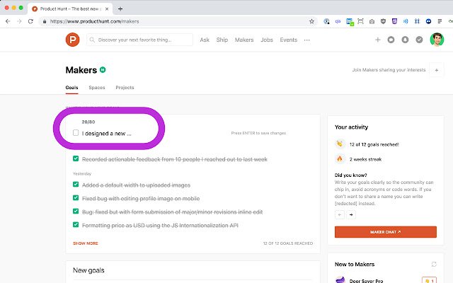 Product Hunt Makers Goal Character Count  from Chrome web store to be run with OffiDocs Chromium online