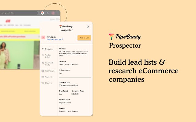 Prospector: Build eCommerce lead lists  from Chrome web store to be run with OffiDocs Chromium online