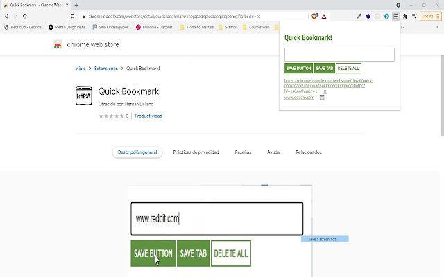 Quick Bookmark!  from Chrome web store to be run with OffiDocs Chromium online