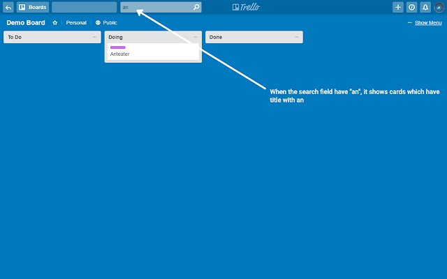 البحث السريع عن البطاقة والتصفية لـ Trello من متجر Chrome الإلكتروني ليتم تشغيله باستخدام OffiDocs Chromium عبر الإنترنت