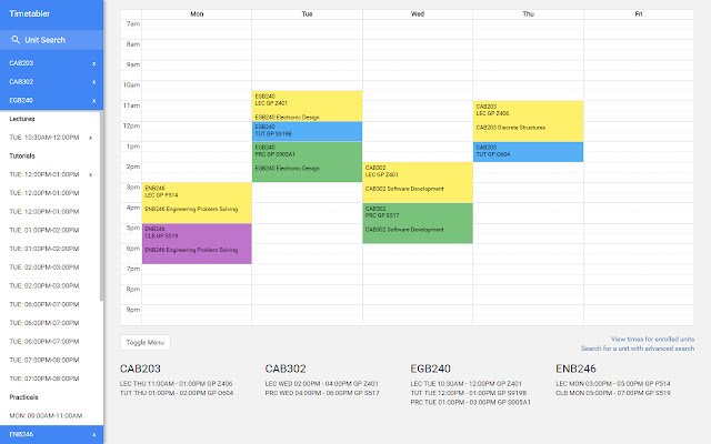 QUT Timetable Planner de Chrome web store para ejecutarse con OffiDocs Chromium en línea