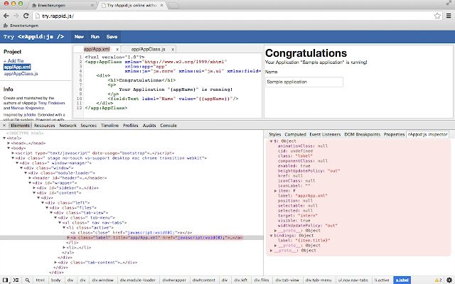 rappidjs devtools  from Chrome web store to be run with OffiDocs Chromium online