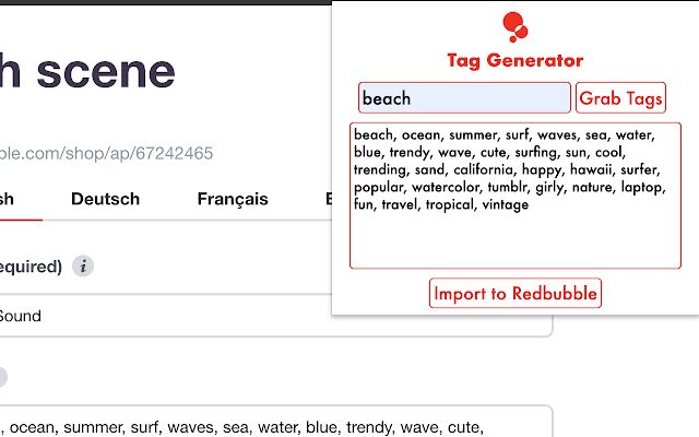 Redbubble Tag Generator  from Chrome web store to be run with OffiDocs Chromium online