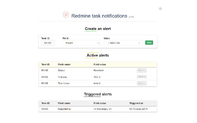 Redmine task field alert  from Chrome web store to be run with OffiDocs Chromium online