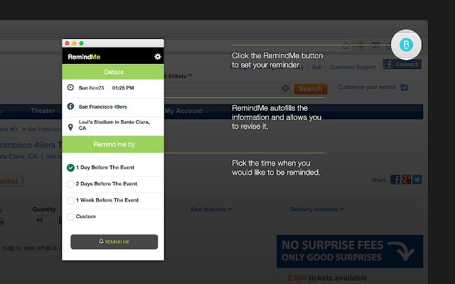 Remind Me! By StubHub Labs  from Chrome web store to be run with OffiDocs Chromium online