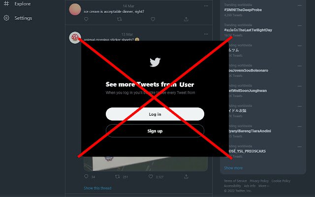 Remove twitter login blocker  from Chrome web store to be run with OffiDocs Chromium online