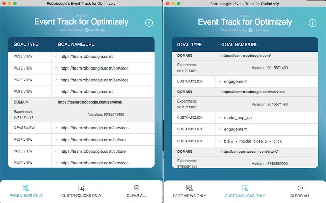 Roboboogies Optimizely Events Tracker aus dem Chrome Web Store zur Ausführung mit OffiDocs Chromium online