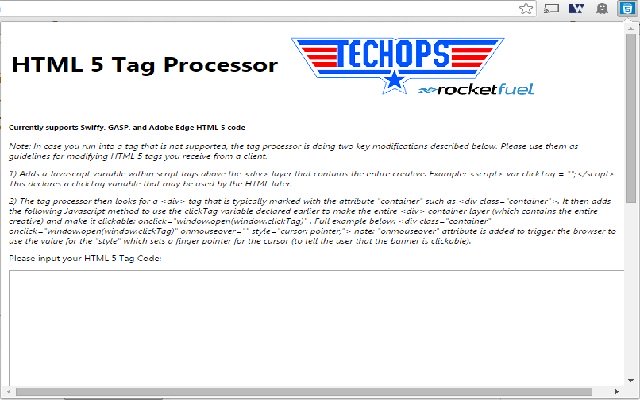 Rocket Fuel Tech Ops HTML 5 Processor  from Chrome web store to be run with OffiDocs Chromium online