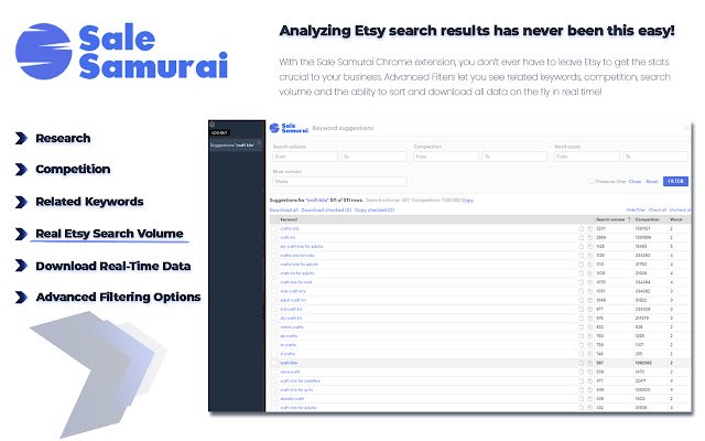 Sale Samurai Etsy SEO Keyword Tool з веб-магазину Chrome, який буде працювати з OffiDocs Chromium онлайн