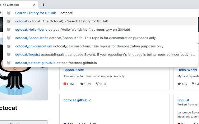 היסטוריית חיפושים של GitHub מחנות האינטרנט של Chrome שתופעל עם OffiDocs Chromium באינטרנט