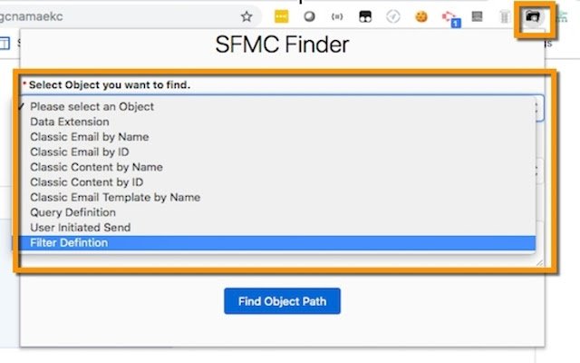 SFMC OBJECT FINDER  from Chrome web store to be run with OffiDocs Chromium online