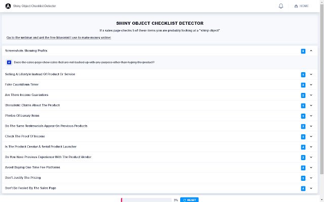 Chrome ウェブストアの Shiny Object Checklist Detector が OffiDocs Chromium オンラインで実行可能