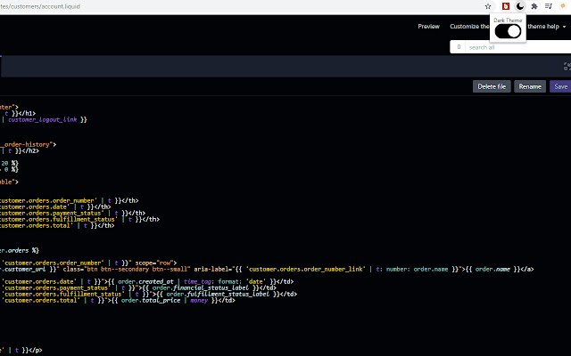 Shopify Code Editor Dark Mode  from Chrome web store to be run with OffiDocs Chromium online