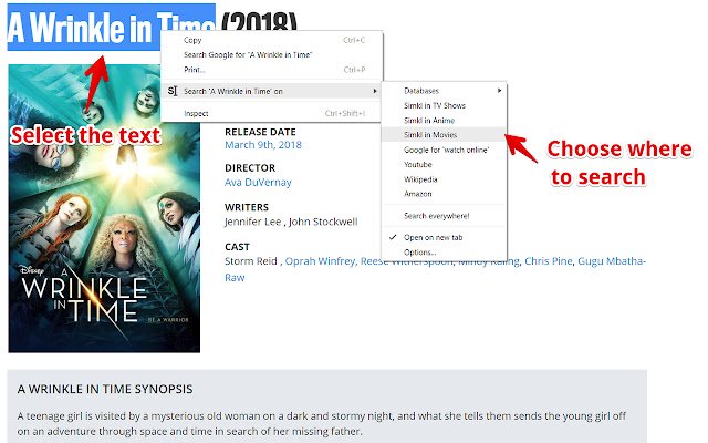 Simkl Search select and search  from Chrome web store to be run with OffiDocs Chromium online