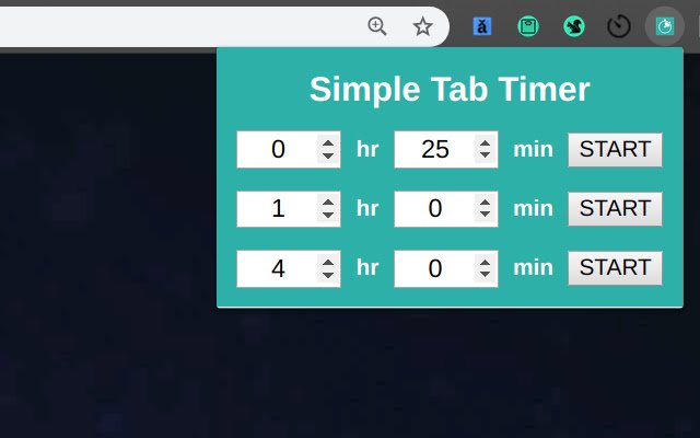 Simple Tab Timer  from Chrome web store to be run with OffiDocs Chromium online