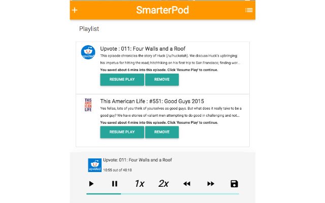 smarterPod: Simple and Smart Podcast Player  from Chrome web store to be run with OffiDocs Chromium online