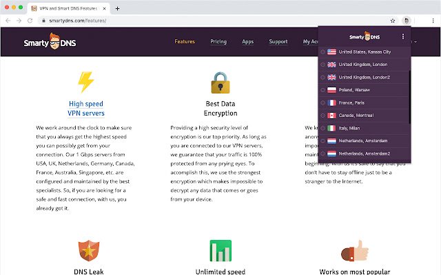 SmartyDNS VPN at Smart DNS mula sa Chrome web store na tatakbo sa OffiDocs Chromium online