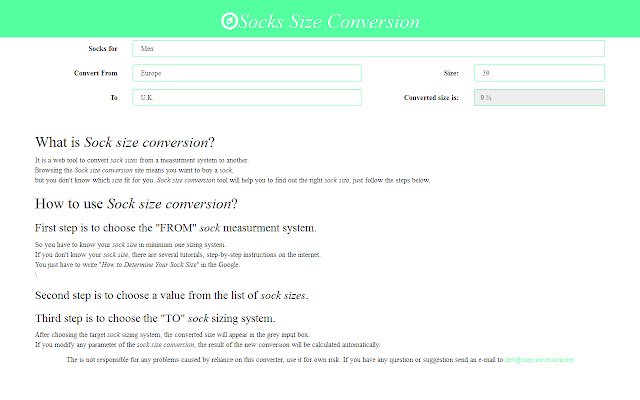 Socks Size Conversion  from Chrome web store to be run with OffiDocs Chromium online
