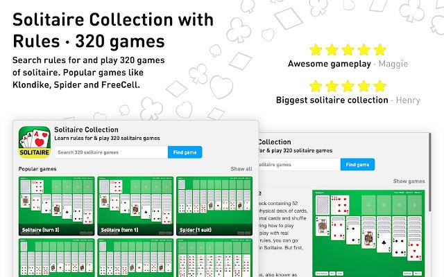 Colecția Solitaire cu reguli (320 de jocuri) din magazinul web Chrome va fi rulată cu OffiDocs Chromium online