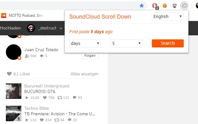 Chrome ウェブストアの SoundCloud ScrollDown が OffiDocs Chromium オンラインで実行可能に