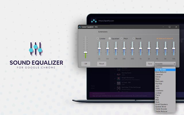 Geluidsequalizer met basversterker en genres uit de Chrome-webwinkel om te worden uitgevoerd met OffiDocs Chromium online