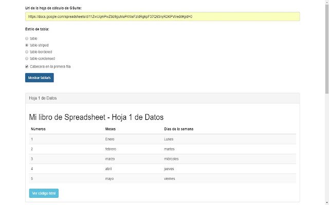 Spreadsheet to HTML with Bootstrap  from Chrome web store to be run with OffiDocs Chromium online