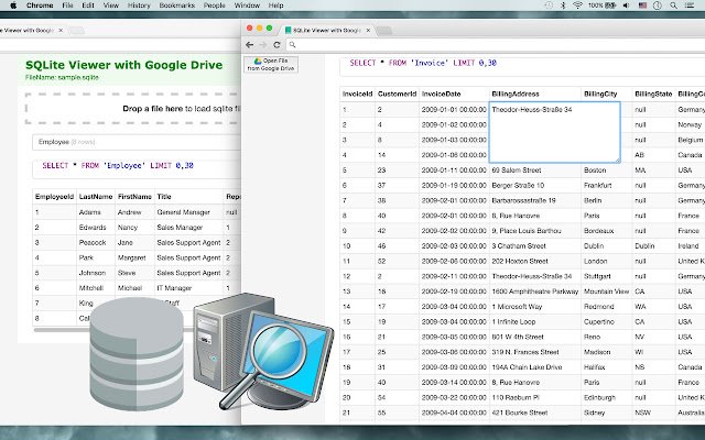 SQLite Viewer con Google Drive de Chrome web store para ejecutarse con OffiDocs Chromium en línea