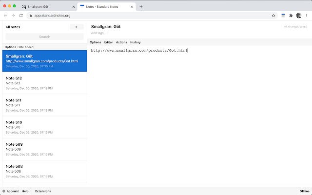 Standard Notes page bookmarks  from Chrome web store to be run with OffiDocs Chromium online