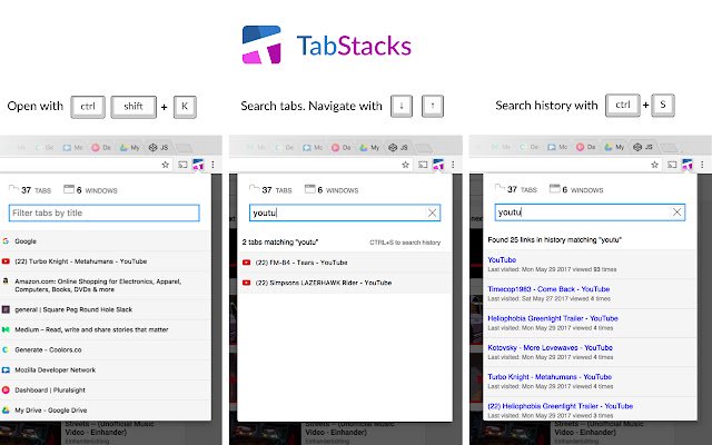 Tab Stacks : menu d'onglets et recherche d'historique à partir de la boutique en ligne Chrome à exécuter avec OffiDocs Chromium en ligne