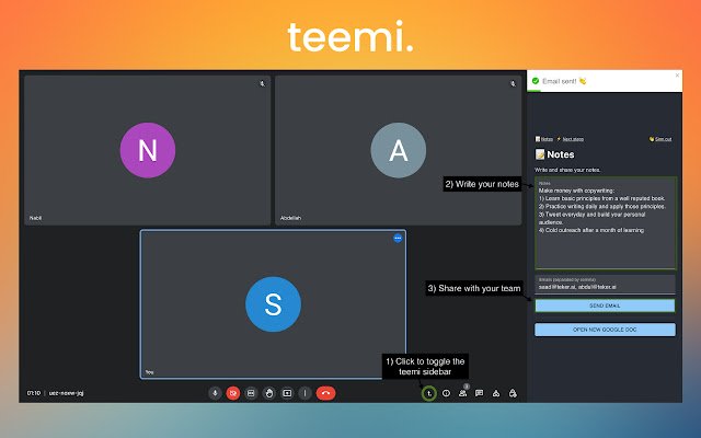 teemi | Notes and next steps for Google Meet  from Chrome web store to be run with OffiDocs Chromium online