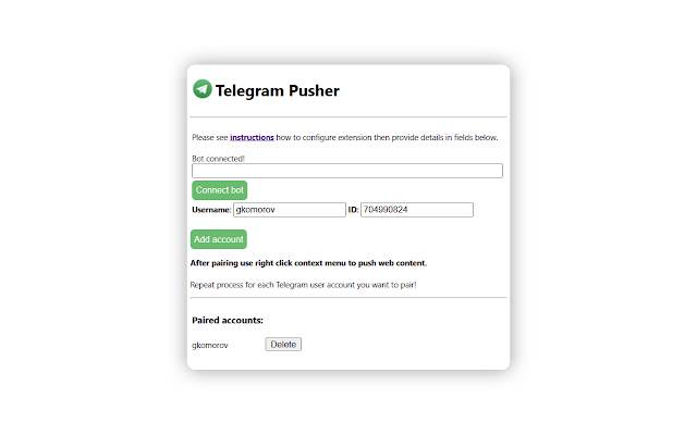 Telegram Pusher dari toko web Chrome untuk dijalankan dengan OffiDocs Chromium online