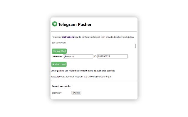 Telegram Pusher  from Chrome web store to be run with OffiDocs Chromium online