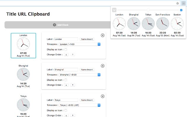 Timezone Clocks  from Chrome web store to be run with OffiDocs Chromium online