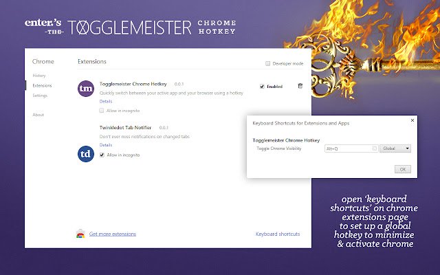 Togglemeister Chrome Hotkey  from Chrome web store to be run with OffiDocs Chromium online