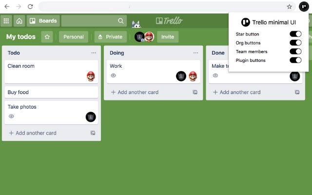 Trello minimal UI toggle  from Chrome web store to be run with OffiDocs Chromium online