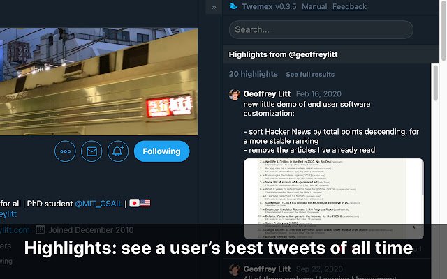 Twemex : la barre latérale pour Twitter de la boutique en ligne Chrome doit être exécutée avec OffiDocs Chromium en ligne