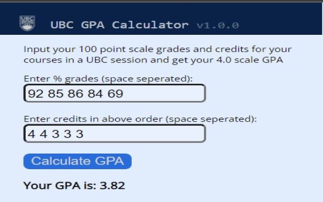 UBC GPA calculator  from Chrome web store to be run with OffiDocs Chromium online