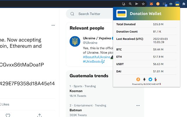 Ukraine Donation Wallet Tracker  from Chrome web store to be run with OffiDocs Chromium online