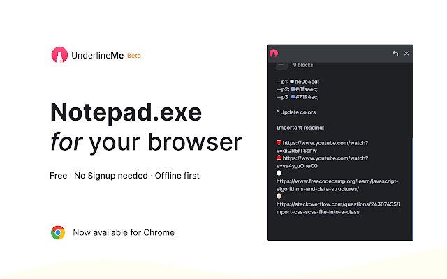 UnderlineMe Notepad מחנות האינטרנט של Chrome להפעלה עם OffiDocs Chromium באינטרנט