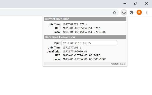 Unix Time Converter  from Chrome web store to be run with OffiDocs Chromium online