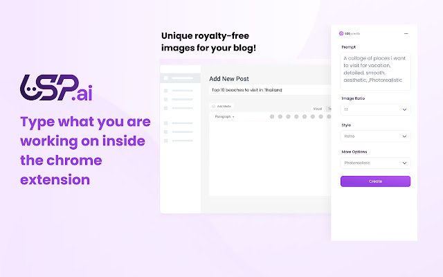 USP.ai Gerador de imagem IA ISENTO DE ROYALTY da Chrome Web Store para ser executado com o OffiDocs Chromium online
