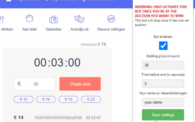 VakantieVeilingen Auto Bidder  from Chrome web store to be run with OffiDocs Chromium online