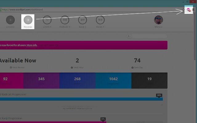 WaniKani Notifier Redux  from Chrome web store to be run with OffiDocs Chromium online