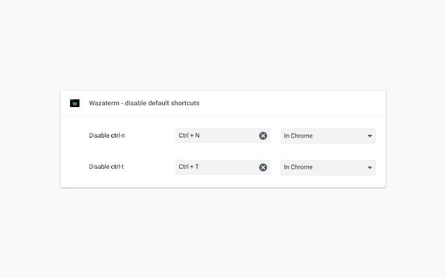 Wazaterm disable default shortcuts  from Chrome web store to be run with OffiDocs Chromium online