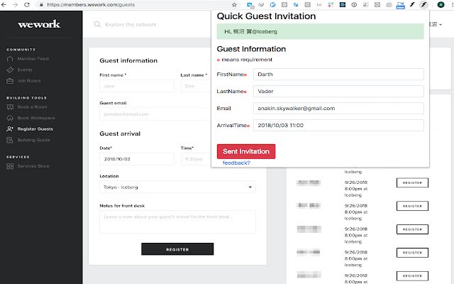 WeWork guest registrations  from Chrome web store to be run with OffiDocs Chromium online