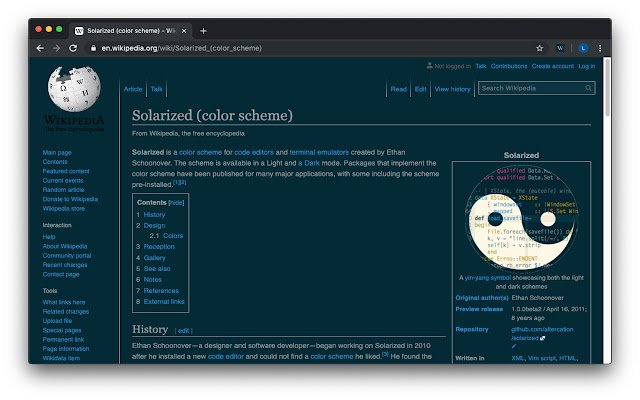 Wikipedia Solarized Dark Theme  from Chrome web store to be run with OffiDocs Chromium online