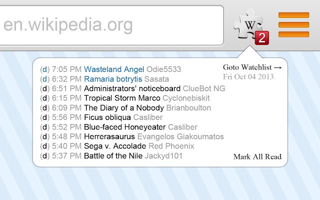 Wikipedia Watchlist  from Chrome web store to be run with OffiDocs Chromium online