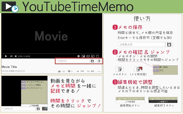 YouTubeTimeMemo  from Chrome web store to be run with OffiDocs Chromium online