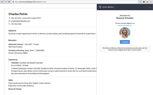 Zoho Recruits Resume Extractor aus dem Chrome-Webshop zur Ausführung mit OffiDocs Chromium online